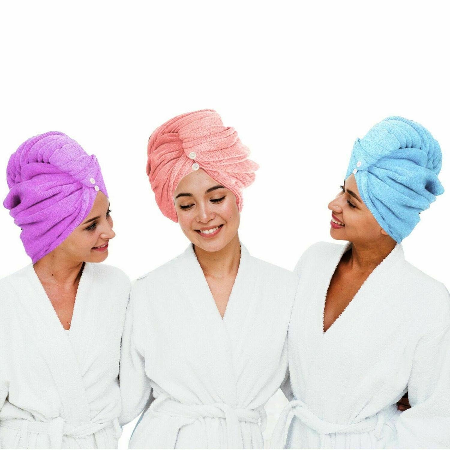 Towelogy Hair Drying Towel Pack of 3 (Pink & Blue & Pink) Hair Turban Towels Quick Dry Microfibre Twist Wrap Turbie Towel