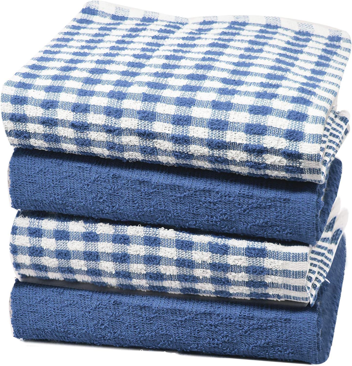 Towelogy Kitchen Dishcloths Royal Blue / Pack of 4 Nora Cotton-Rich Monocheck Kitchen Tea Towels – Durable and Absorbent