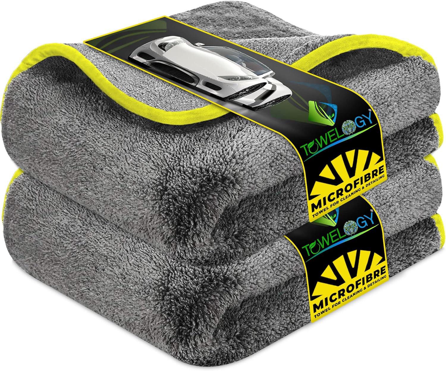 Towelogy Car Buffing Towels Grey / Yellow / Pack of 1 Royce Microfibre Car Cloths Plush High Density Dual Power Towels 1200gsm